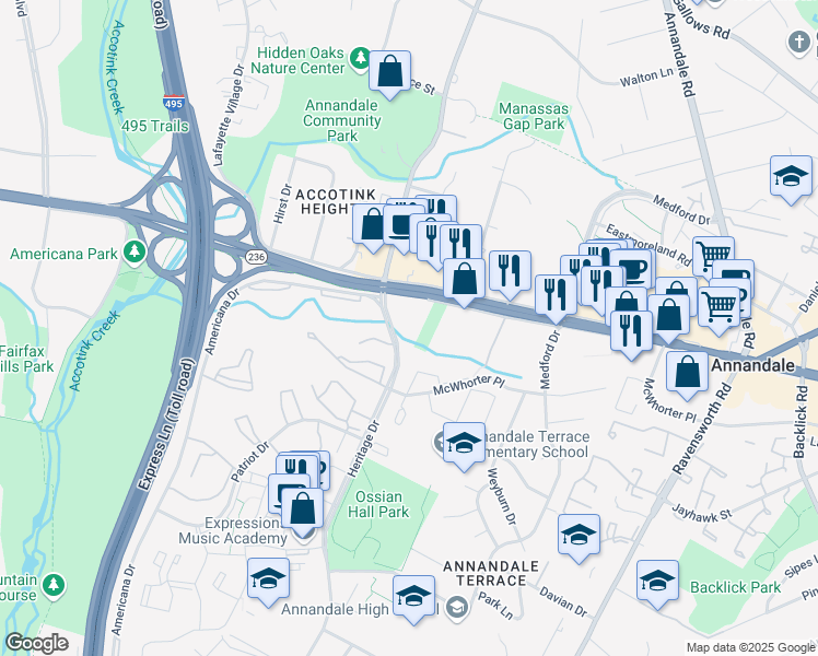 map of restaurants, bars, coffee shops, grocery stores, and more near 7619 Little River Turnpike in Annandale