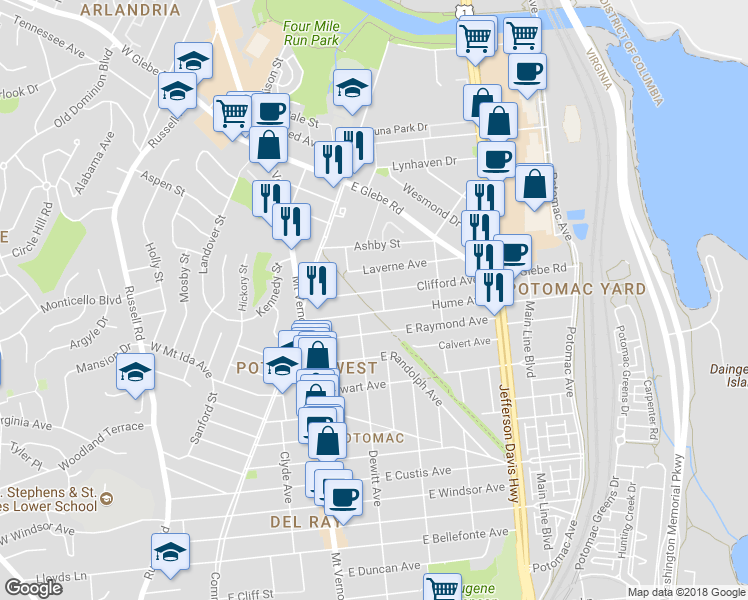 map of restaurants, bars, coffee shops, grocery stores, and more near 205 Clifford Avenue in Alexandria