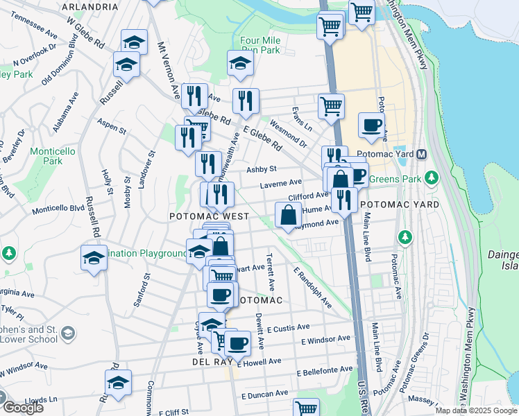 map of restaurants, bars, coffee shops, grocery stores, and more near 205 Clifford Avenue in Alexandria