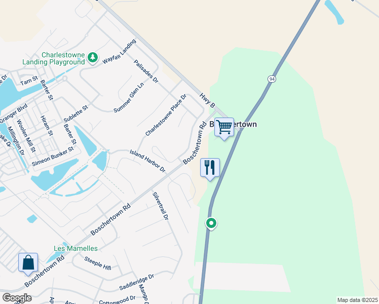 map of restaurants, bars, coffee shops, grocery stores, and more near 215 Charlestowne Place Drive in Saint Charles