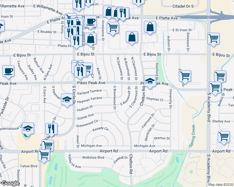 map of restaurants, bars, coffee shops, grocery stores, and more near 21 South Brentwood Drive in Colorado Springs
