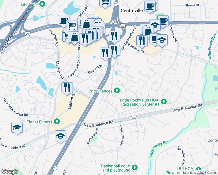 map of restaurants, bars, coffee shops, grocery stores, and more near 6020 Old Centreville Road in Centreville
