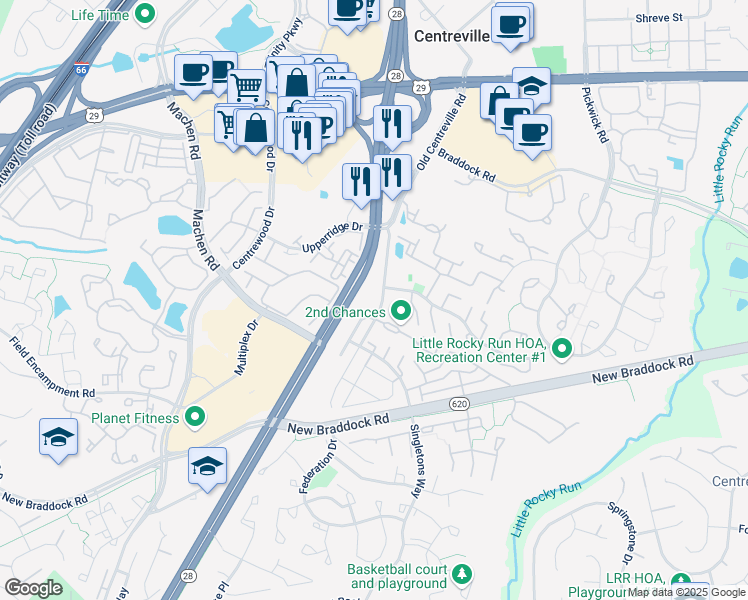 map of restaurants, bars, coffee shops, grocery stores, and more near 6020 Old Centreville Road in Centreville