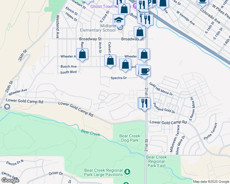 map of restaurants, bars, coffee shops, grocery stores, and more near 2265 Spectra Drive in Colorado Springs