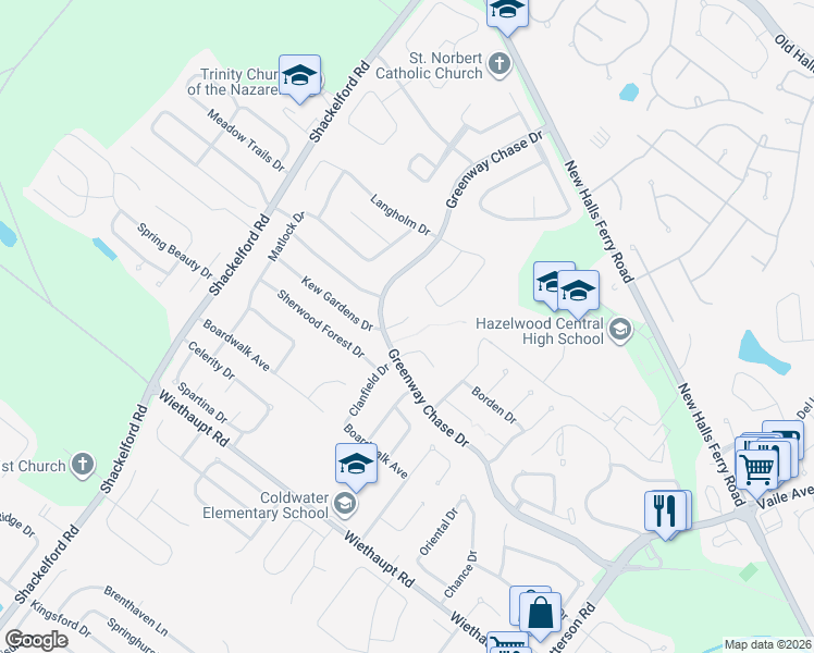 map of restaurants, bars, coffee shops, grocery stores, and more near 1313 Kew Gardens Drive in Florissant