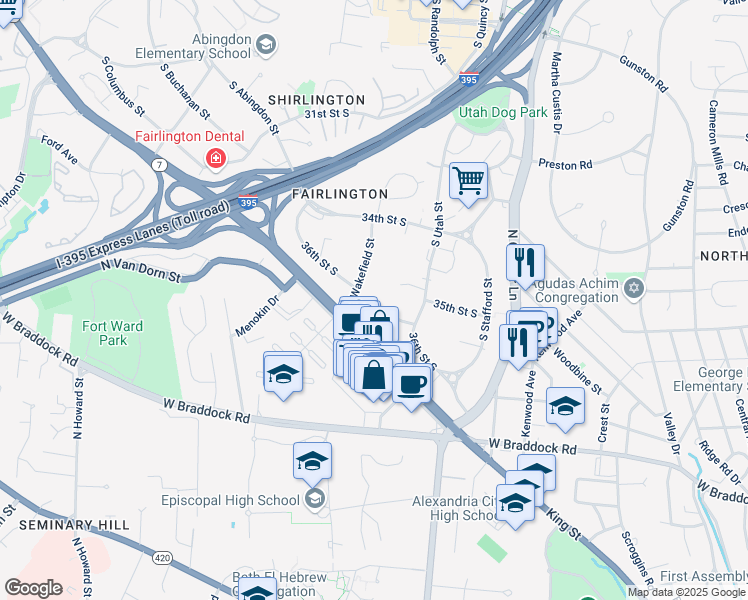 map of restaurants, bars, coffee shops, grocery stores, and more near 4505 36th Street South in Arlington