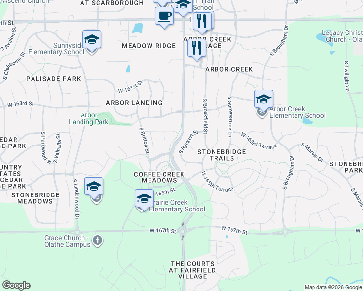 map of restaurants, bars, coffee shops, grocery stores, and more near 16751 West 163rd Terrace in Olathe