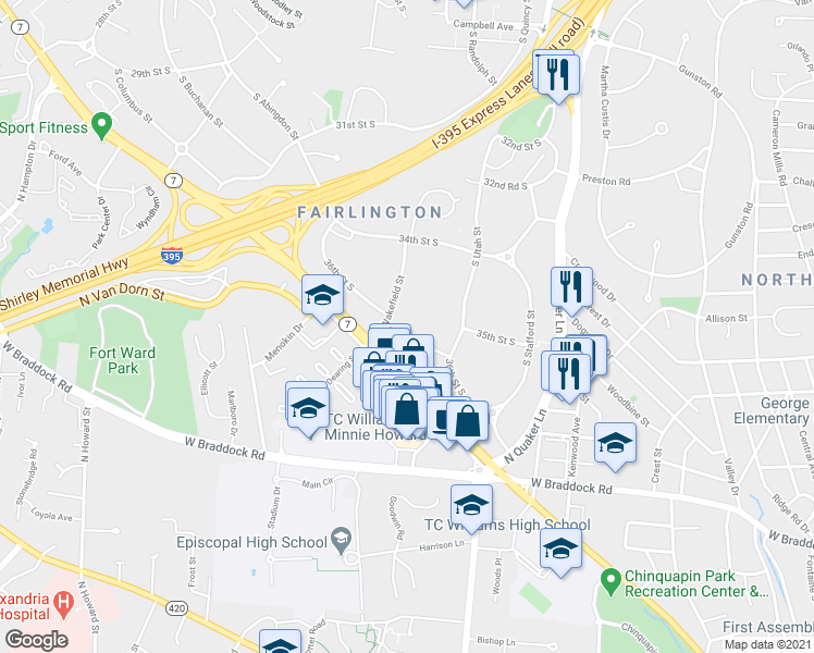 map of restaurants, bars, coffee shops, grocery stores, and more near 4505 36th Street South in Arlington