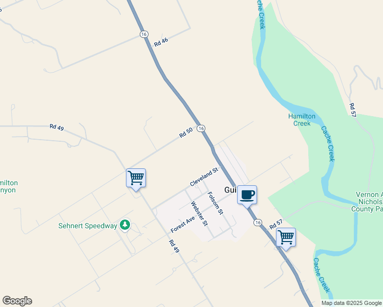 map of restaurants, bars, coffee shops, grocery stores, and more near 16465 Road 50 in Guinda