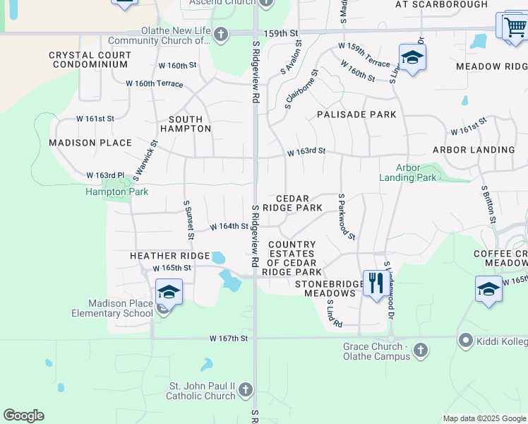 map of restaurants, bars, coffee shops, grocery stores, and more near 16344 South Central Street in Olathe