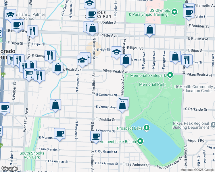 map of restaurants, bars, coffee shops, grocery stores, and more near 907 East Colorado Avenue in Colorado Springs