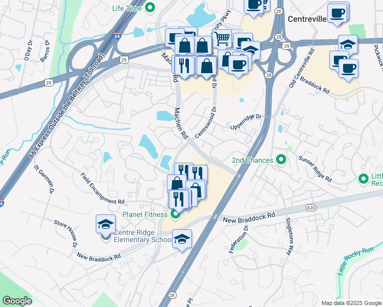 map of restaurants, bars, coffee shops, grocery stores, and more near 6200 Multiplex Dr in Centreville