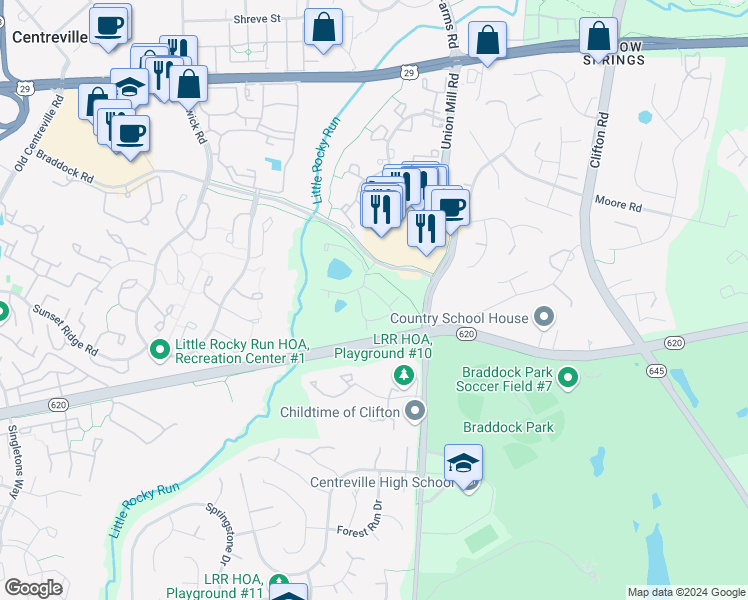 map of restaurants, bars, coffee shops, grocery stores, and more near 13542 Orchard Drive in Clifton