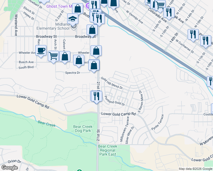 map of restaurants, bars, coffee shops, grocery stores, and more near 1618 Gold Hill Mesa Drive in Colorado Springs