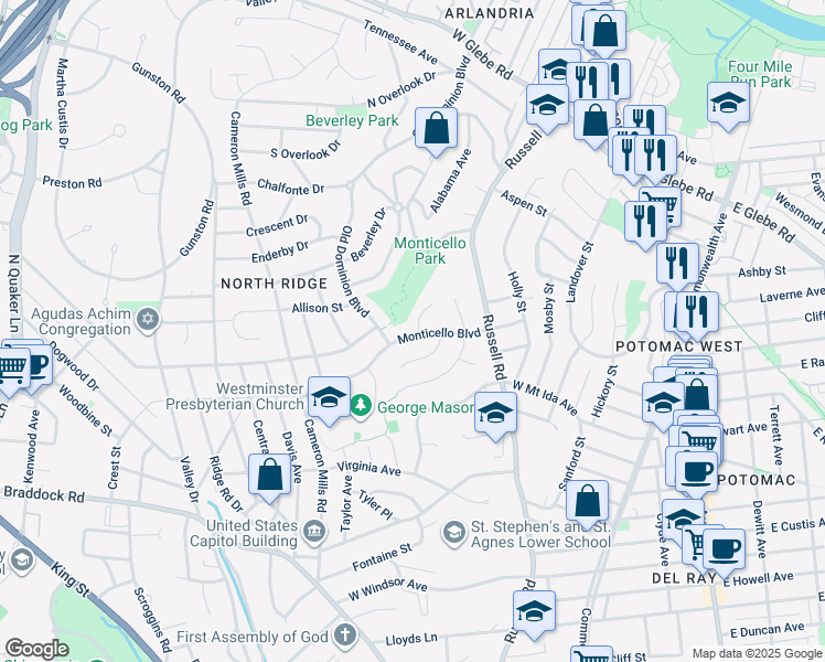 map of restaurants, bars, coffee shops, grocery stores, and more near 101 Independence Avenue Southeast in Washington