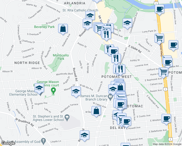 map of restaurants, bars, coffee shops, grocery stores, and more near 2914 Landover Street in Alexandria