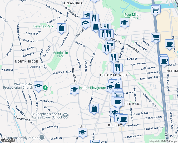 map of restaurants, bars, coffee shops, grocery stores, and more near 2914 Landover Street in Alexandria