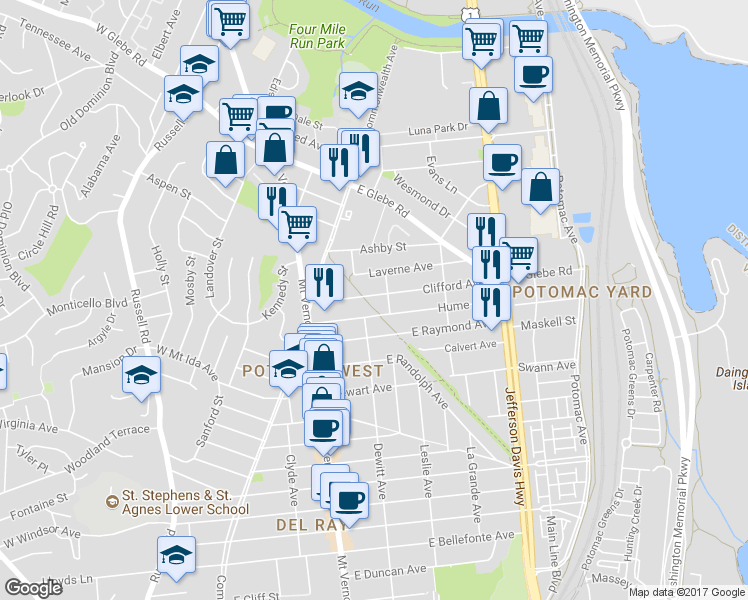 map of restaurants, bars, coffee shops, grocery stores, and more near 201 Clifford Avenue in Alexandria