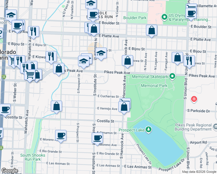 map of restaurants, bars, coffee shops, grocery stores, and more near 907 East Colorado Avenue in Colorado Springs