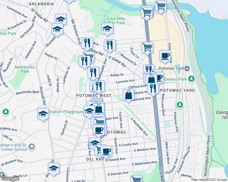 map of restaurants, bars, coffee shops, grocery stores, and more near 201 Clifford Avenue in Alexandria