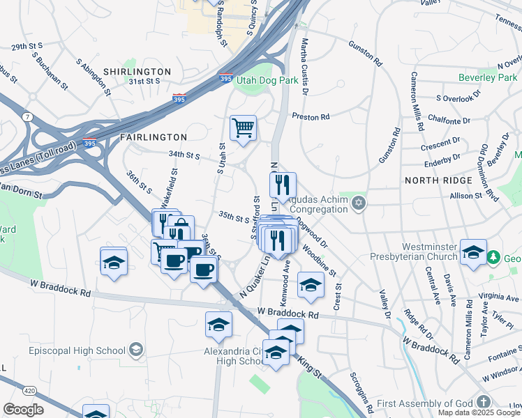 map of restaurants, bars, coffee shops, grocery stores, and more near 3455 South Stafford Street in Arlington