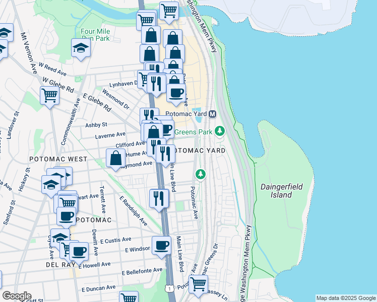 map of restaurants, bars, coffee shops, grocery stores, and more near 731 Seaton Avenue in Alexandria