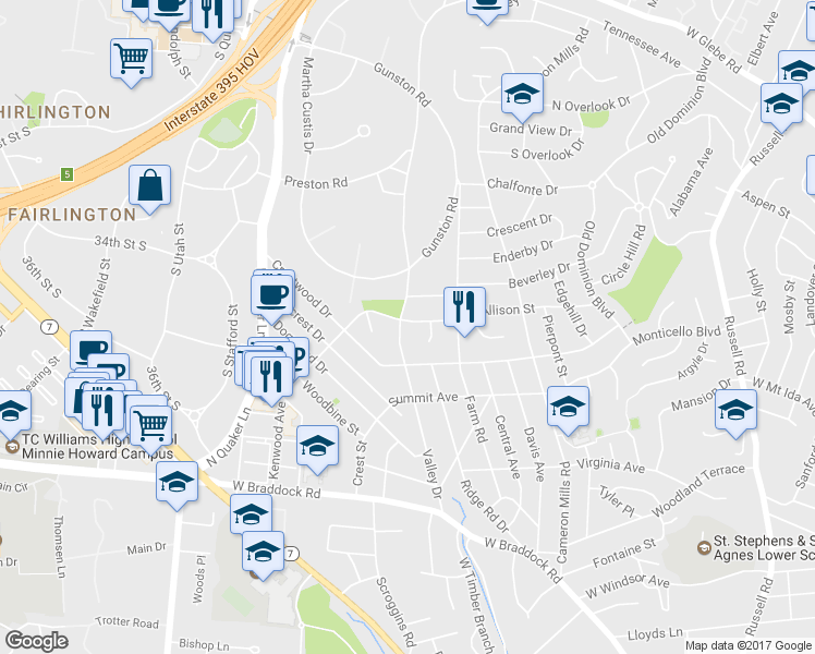 map of restaurants, bars, coffee shops, grocery stores, and more near 1124 Allison Street in Alexandria