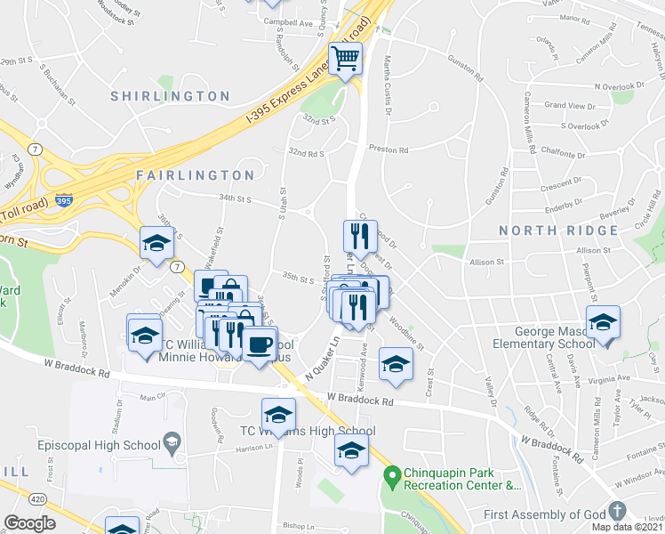 map of restaurants, bars, coffee shops, grocery stores, and more near 3455 South Stafford Street in Arlington