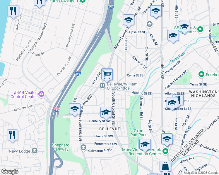 map of restaurants, bars, coffee shops, grocery stores, and more near 21 Atlantic Street Southwest in Washington