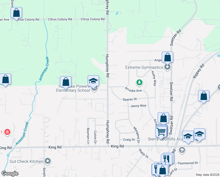 map of restaurants, bars, coffee shops, grocery stores, and more near 5502 Sparas Street in Loomis