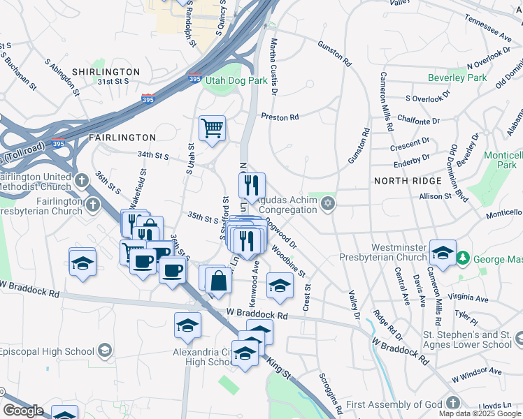 map of restaurants, bars, coffee shops, grocery stores, and more near 1731 Dogwood Drive in Alexandria