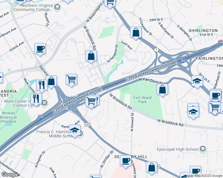 map of restaurants, bars, coffee shops, grocery stores, and more near 2500 North Van Dorn Street in Alexandria