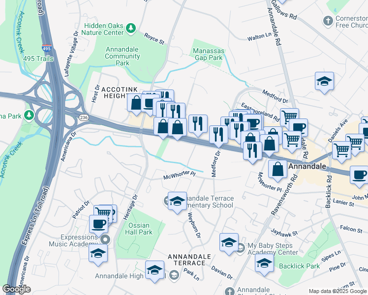 map of restaurants, bars, coffee shops, grocery stores, and more near in Annandale