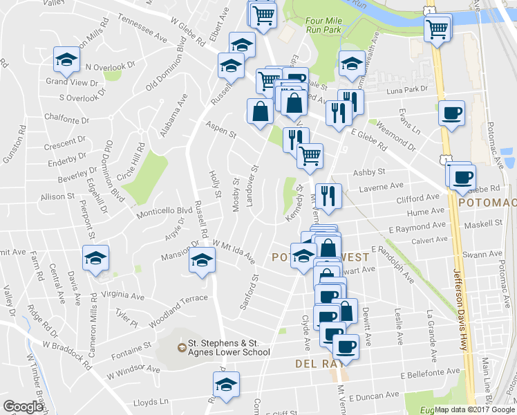 map of restaurants, bars, coffee shops, grocery stores, and more near 2906 Sycamore Street in Alexandria