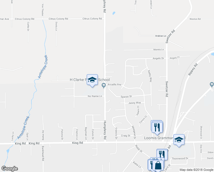map of restaurants, bars, coffee shops, grocery stores, and more near 5502 Sparas Street in Loomis