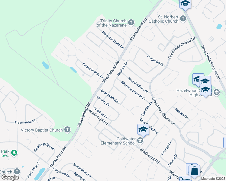 map of restaurants, bars, coffee shops, grocery stores, and more near 3030 Matlock Drive in Florissant