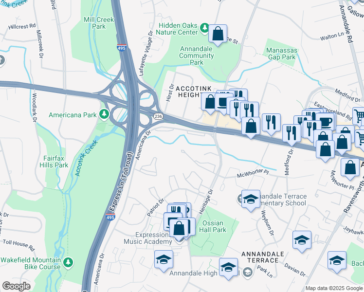 map of restaurants, bars, coffee shops, grocery stores, and more near 7758 Donnybrook Court in Annandale