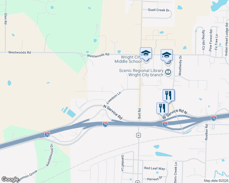 map of restaurants, bars, coffee shops, grocery stores, and more near 402 Fredricksburg Way in Wright City