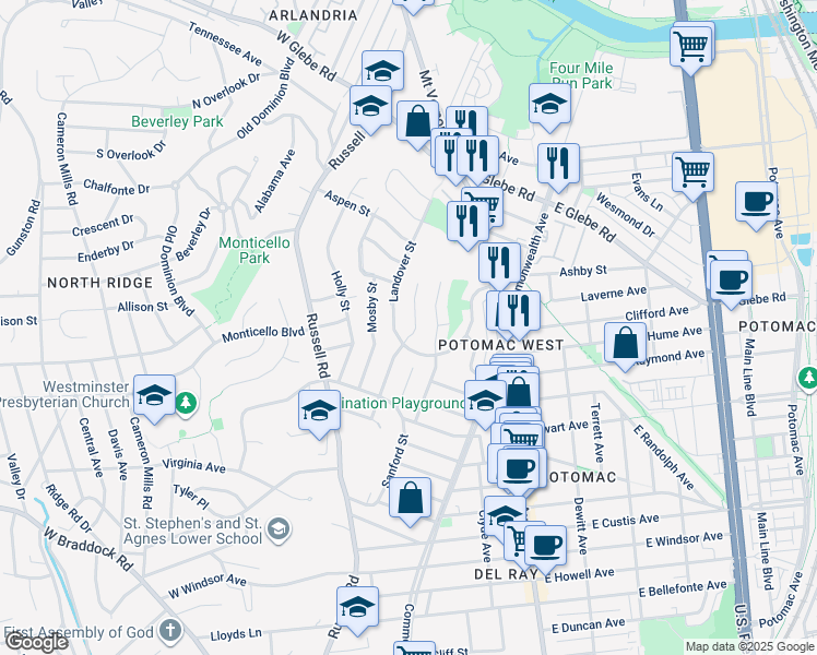 map of restaurants, bars, coffee shops, grocery stores, and more near 2906 Sycamore Street in Alexandria
