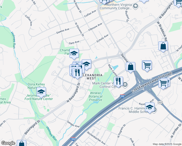 map of restaurants, bars, coffee shops, grocery stores, and more near 1703 North Beauregard Street in Alexandria