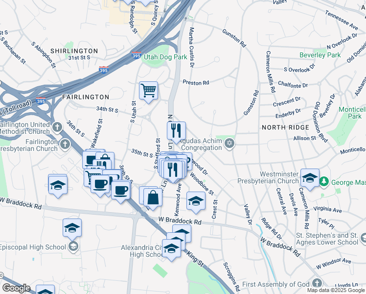 map of restaurants, bars, coffee shops, grocery stores, and more near 1731 Dogwood Drive in Alexandria