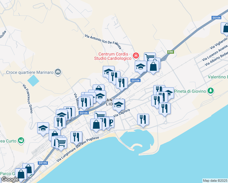 map of restaurants, bars, coffee shops, grocery stores, and more near 145 Viale Crotone in Catanzaro