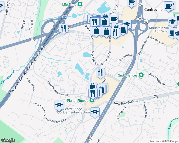 map of restaurants, bars, coffee shops, grocery stores, and more near 6215 Summer Pond Drive in Centreville