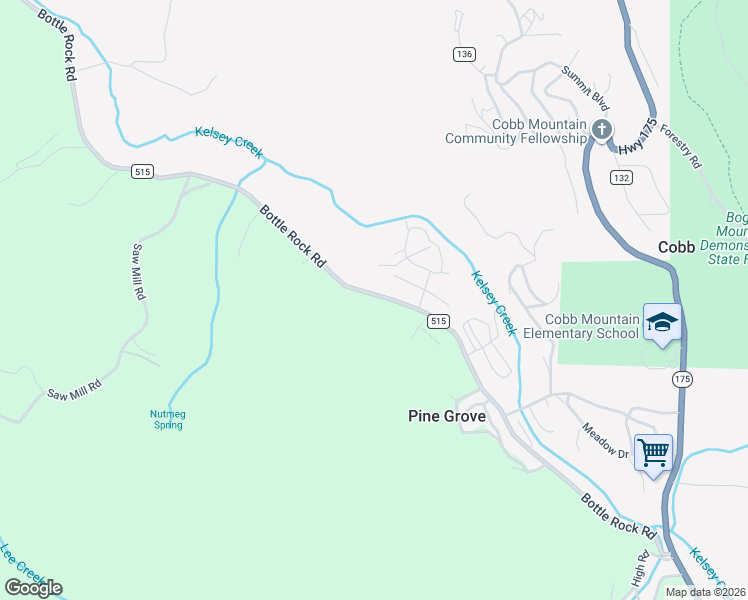 map of restaurants, bars, coffee shops, grocery stores, and more near 15780 Bottle Rock Road in Cobb