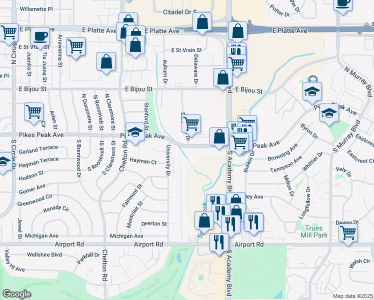 map of restaurants, bars, coffee shops, grocery stores, and more near in Colorado Springs