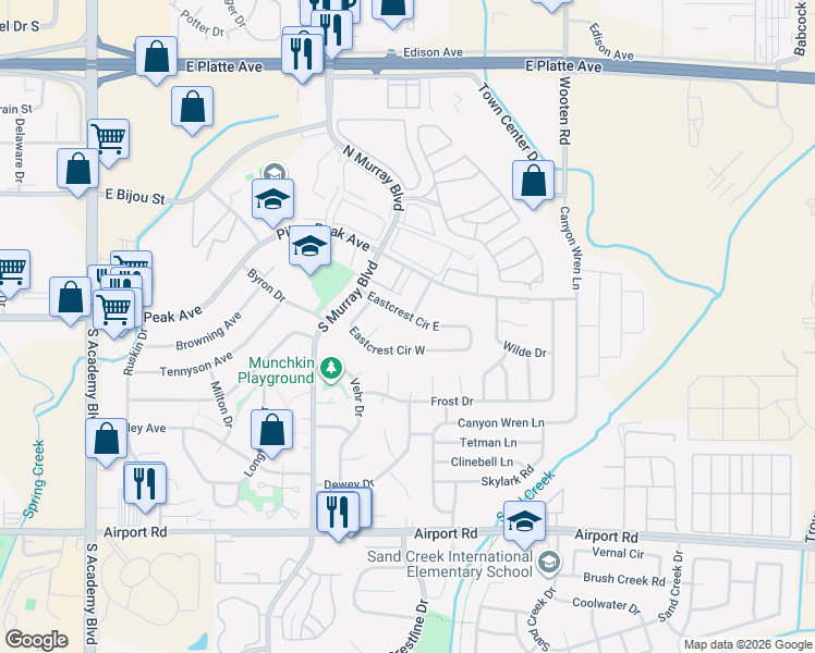 map of restaurants, bars, coffee shops, grocery stores, and more near 4467 Eastcrest Circle East in Colorado Springs