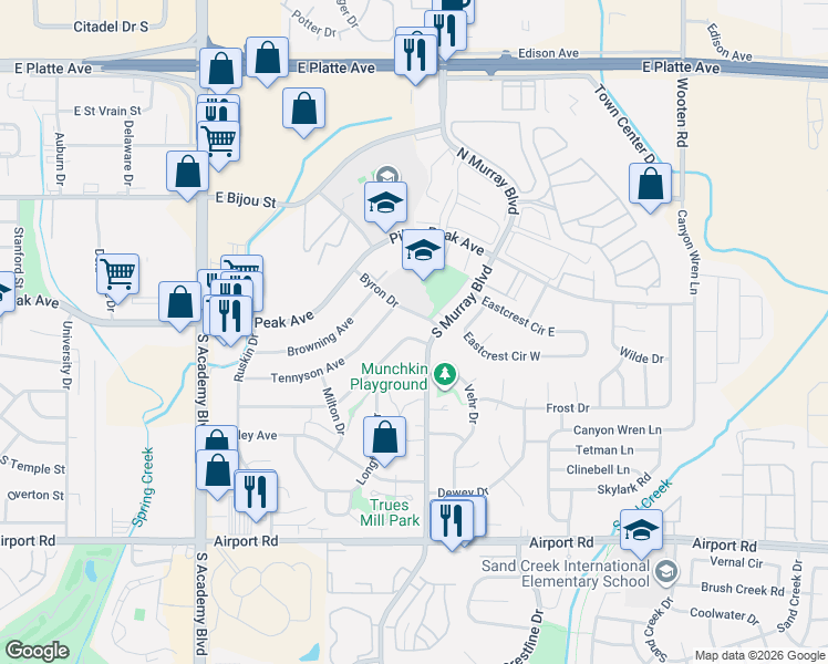 map of restaurants, bars, coffee shops, grocery stores, and more near 208 Byron Drive in Colorado Springs