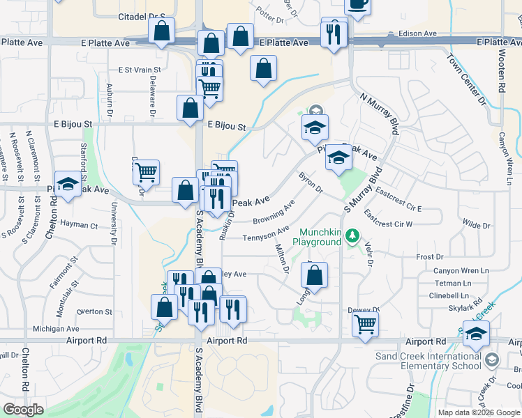 map of restaurants, bars, coffee shops, grocery stores, and more near 3920 East Pikes Peak Avenue in Colorado Springs