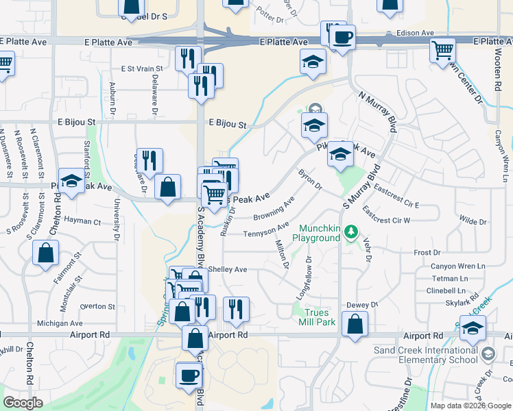 map of restaurants, bars, coffee shops, grocery stores, and more near 3920 East Pikes Peak Avenue in Colorado Springs