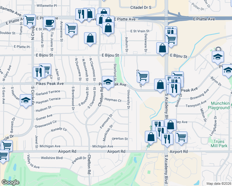 map of restaurants, bars, coffee shops, grocery stores, and more near 3630 Garland Court in Colorado Springs